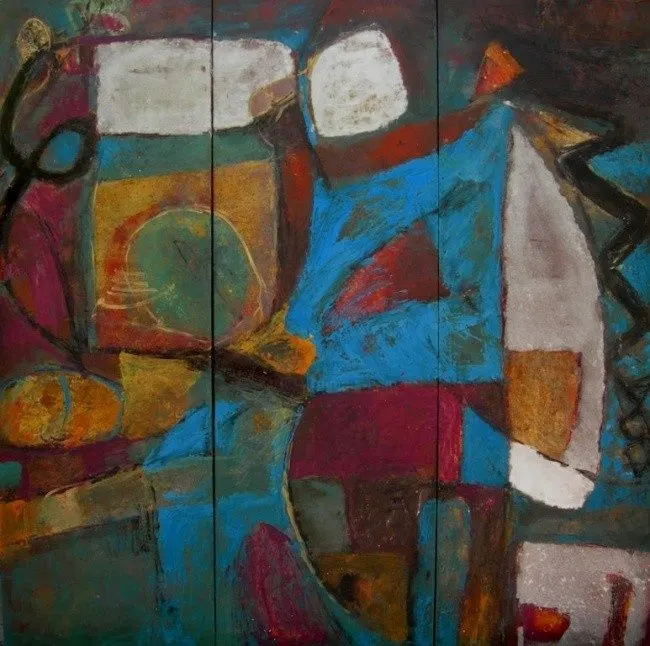 Sans titre 75: lacquer triptych in turquoise, crimson and ochre