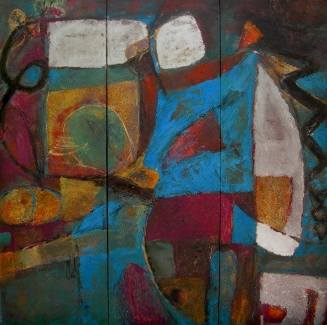 Sans titre 75: lacquer triptych in turquoise, crimson and ochre