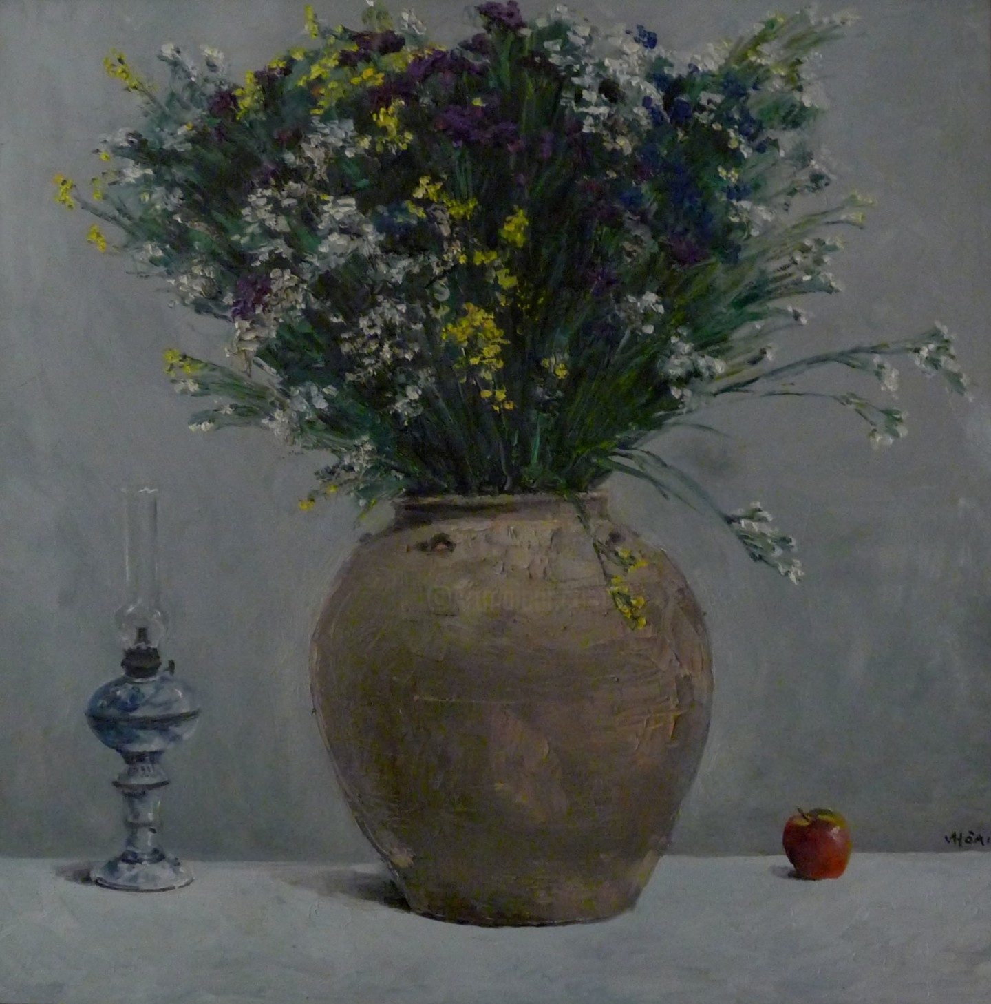Still life of wildflowers in a stoneware jar